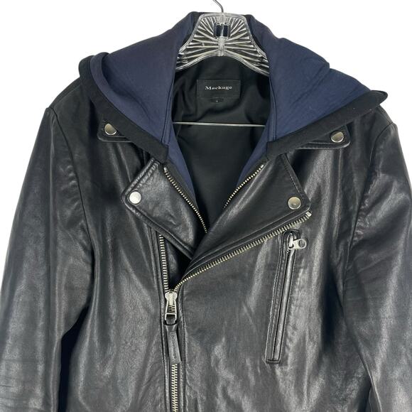 Mackage Manus Lamb Leather Jacket Detachable Hood Black Blue Size 36/ S - Picture 3 of 16